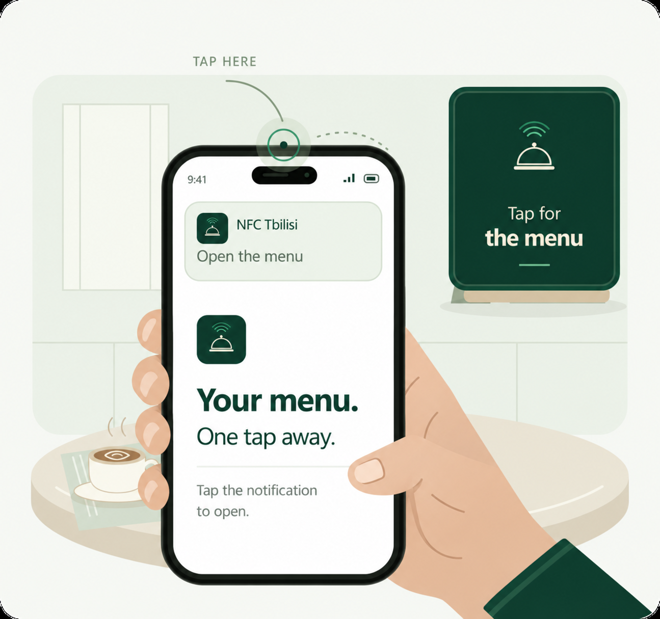 A hand holds a black phone beside an NFC table stand. A marker highlights the top edge, and a menu notification appears on the white screen.